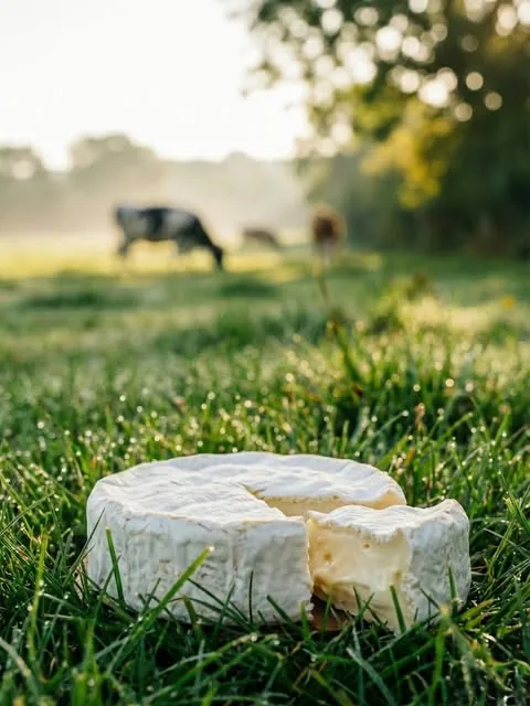 Camembert de Normandie posé dans l’herbe au petit matin