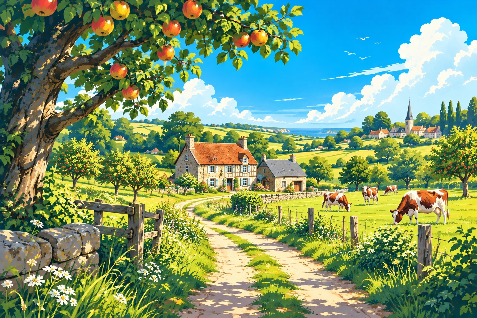 Verger normand illustré : pommier au premier plan, chemin vers une ferme et vaches dans une prairie
